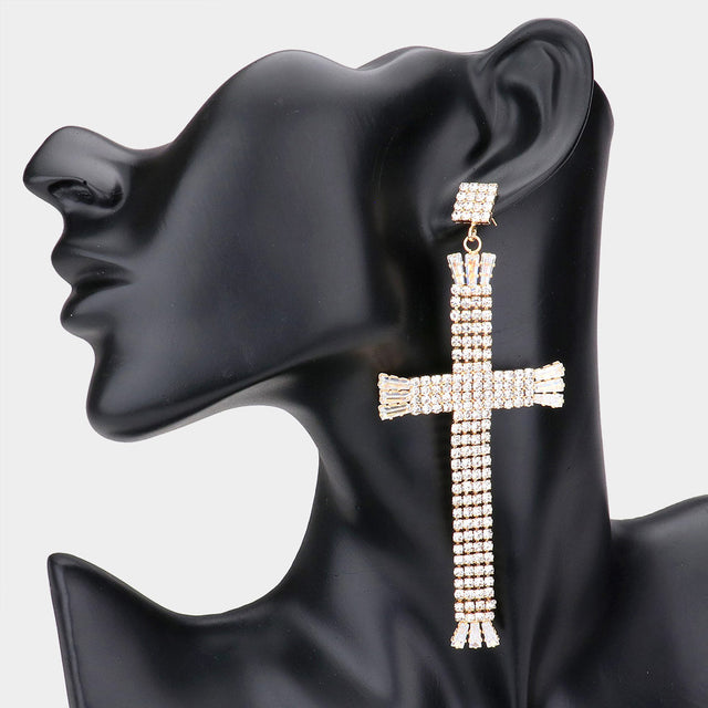 Madeline Love Gold Rhinestone Cross Dangle Evening Earring