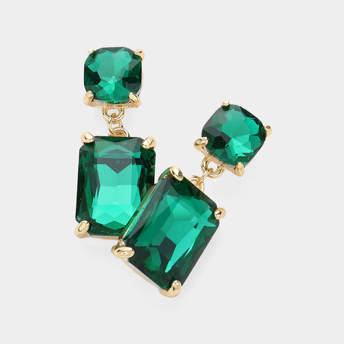 Women's Square Rectangle Link Dangle Evening Earrings - Emerald, Gold