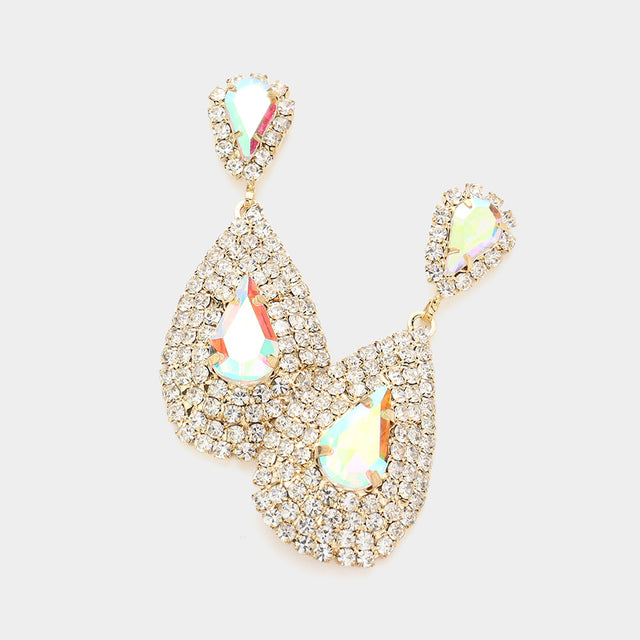 Madeline Love AB, Gold Teardrop Stone Pointed Cluster Dangle Evening Earrings