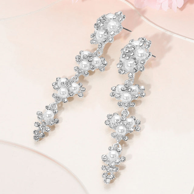 Madeline Love Silver, White Floral Pearl Rhinestone Cluster Drop Evening Earrings