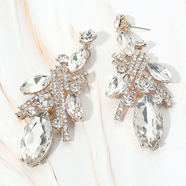 Madeline Love Clear, Gold Bold Marquise Stone Cluster Embellished Drop Statement Evening Earrings