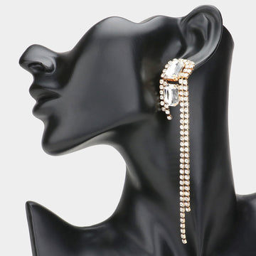 Madeline Love Gold Double Rectangle Stone Cluster Pointed Rhinestone Paved Fringe Evening Earrings