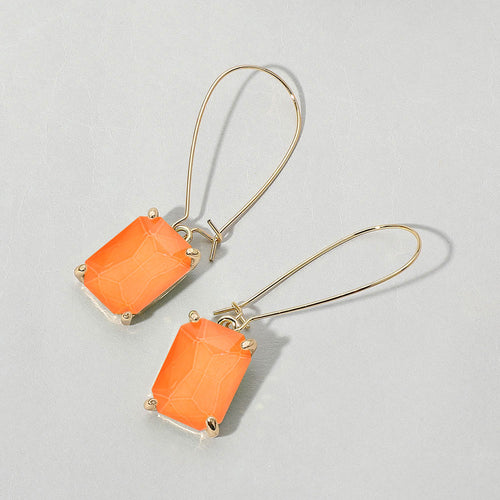 Emerald Cut Stone Dangle Evening Earrings - Coral, Neon