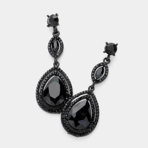 Women's Glass Crystal Teardrop Evening Dangle Earrings - Black, Jet Black