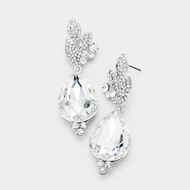 Madeline Love Clear, Silver Rhinestone Pave Leaf Crystal Teardrop Evening Earrings