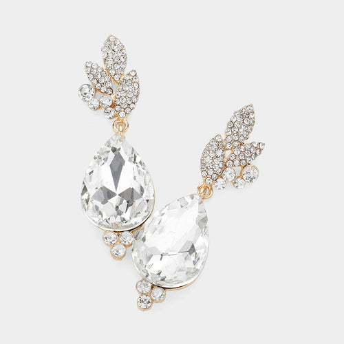 Rhinestone Pave Leaf Crystal Teardrop Evening Earrings - Clear, Gold