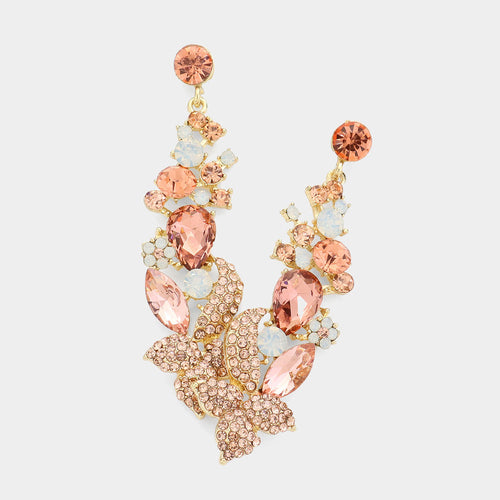 Crystal Teardrop Marquise Flower Drop Evening Earrings - Gold, Peach