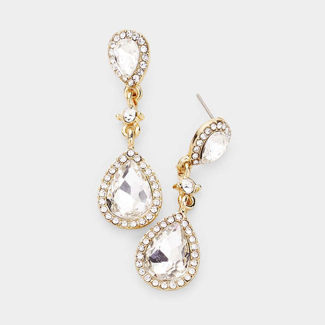 Madeline Love Clear, Gold Double Teardrop Stone Accented Dangle Evening Earrings
