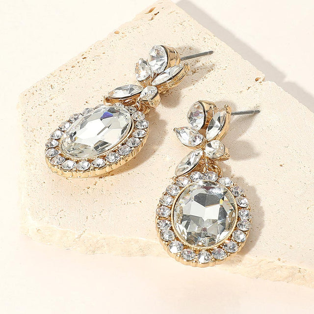 Madeline Love Clear, Gold Oval Flower Crystal Evening Earrings