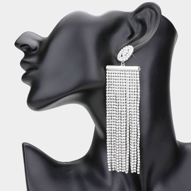 Madeline Love Clear, Silver Oversized Crystal Rhinestone Tassel Statement Earrings