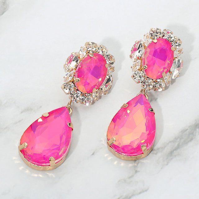 Madeline Love Fuchsia, Gold Faceted Oval Teardrop Stone Drop Statement Evening Earrings