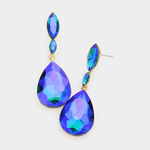 Double Marquise Stone Teardrop Link Dangle Evening Earrings - Blue