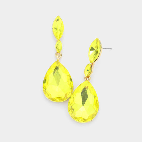 Double Marquise Stone Teardrop Link Dangle Evening Earrings - Yellow