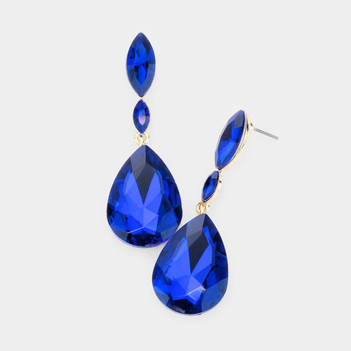 Double Marquise Stone Teardrop Link Dangle Evening Earrings - Sapphire