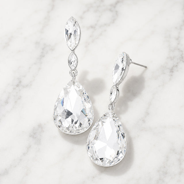 Madeline Love Clear, Silver Double Marquise Stone Teardrop Link Dangle Evening Earrings