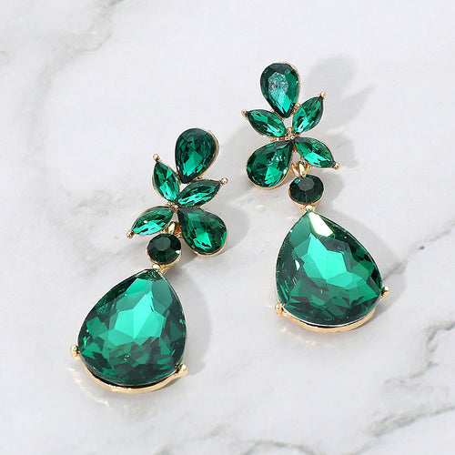 Teardrop Stone Dangle Evening Earrings - Emerald, Gold