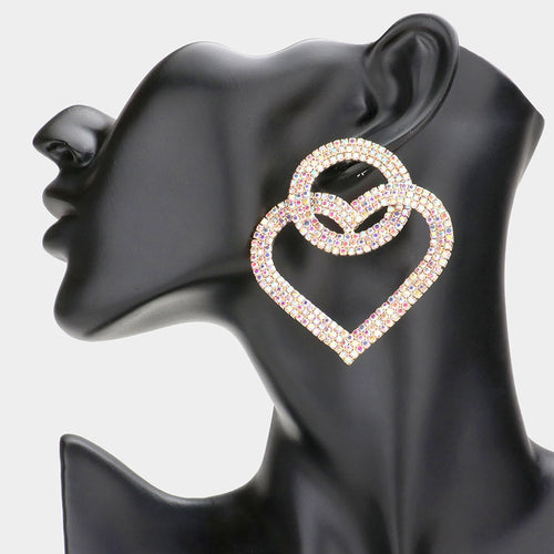 Pendientes de noche con eslabones de corazón y círculo abierto con diamantes de imitación - AB Gold