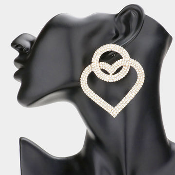 Rhinestone Open Circle Heart Link Evening Earrings - Gold - Earrings