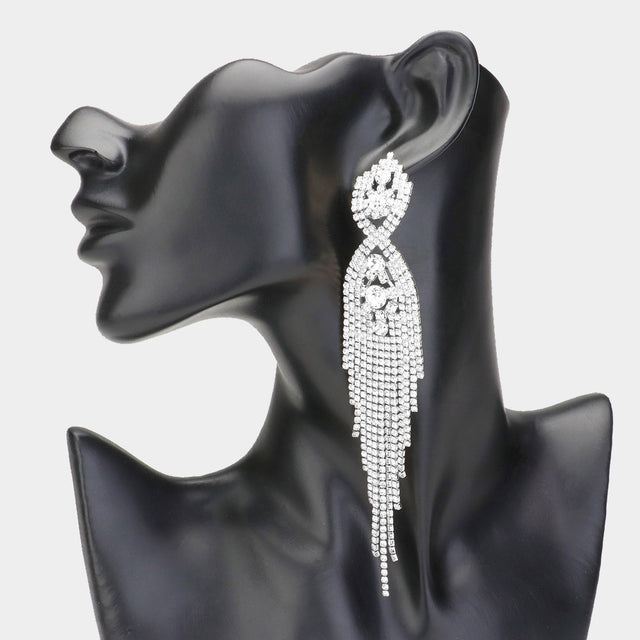 Madeline Love Silver Rhinestone Long Drop Statement Evening Earrings