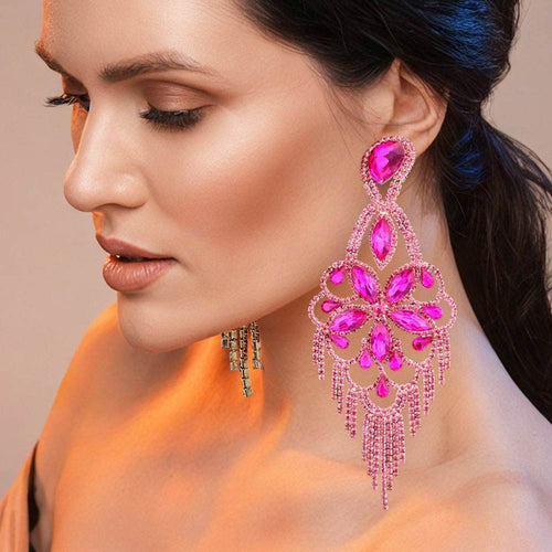 Marquise Stone Flower Accented Chandelier Evening Earrings - Fuchsia, Gold