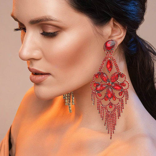 Marquise Stone Flower Accented Chandelier Evening Earrings - Gold, Siam