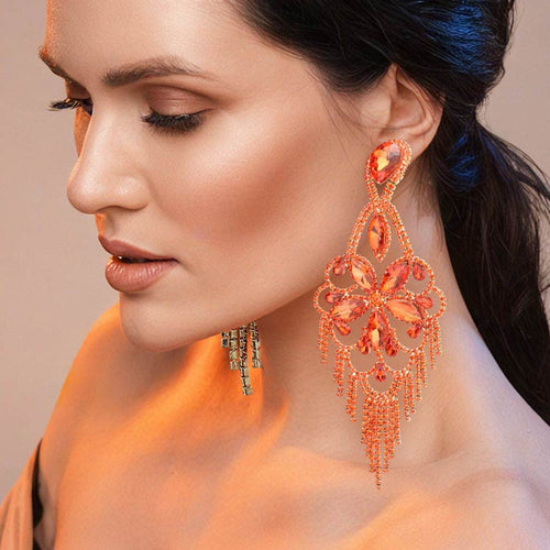 Marquise Stone Flower Accented Chandelier Evening Earrings - Gold, Orange
