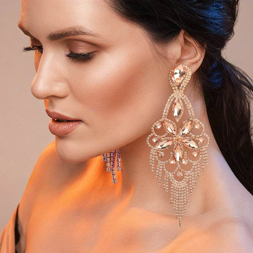 Marquise Stone Flower Accented Chandelier Evening Earrings - Peach, Rose Gold