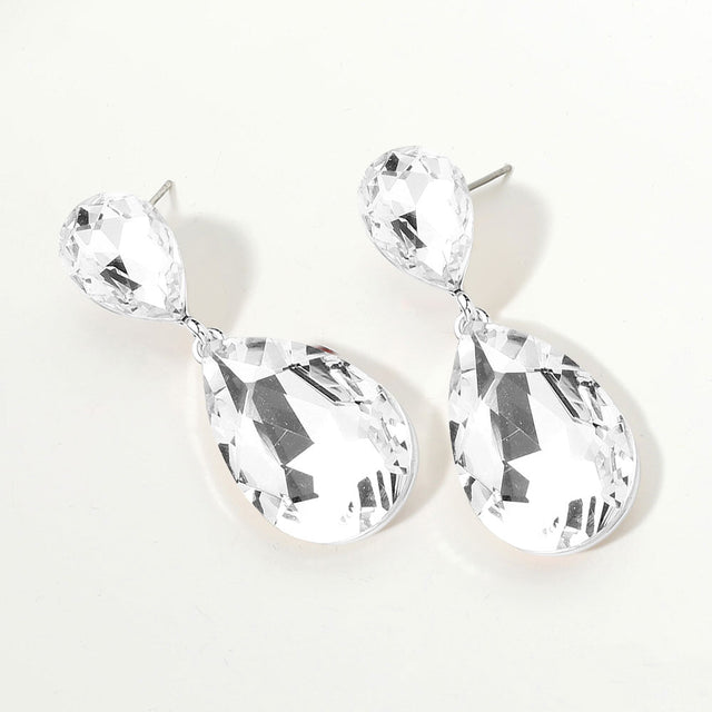 Madeline Love Clear, Silver Glass crystal double teardrop evening earrings