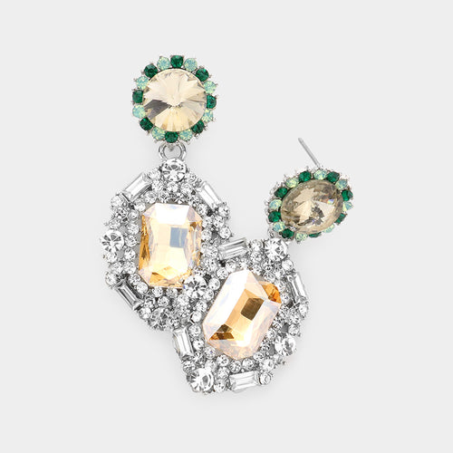 Emerald Cut Crystal Evening Earrings - Multi