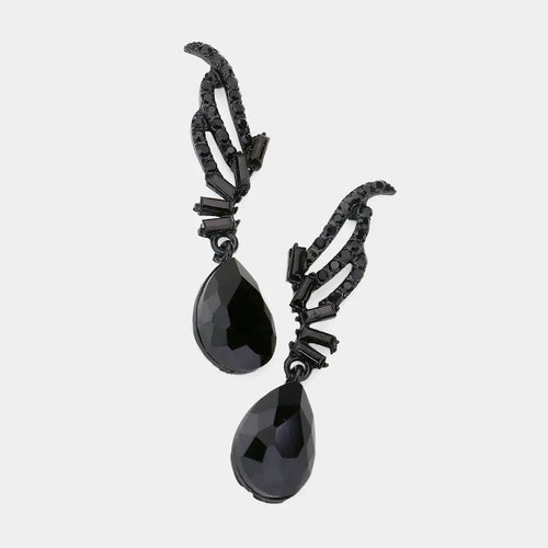 Teardrop Stone Dangle Evening Earrings - Black, Jet Black
