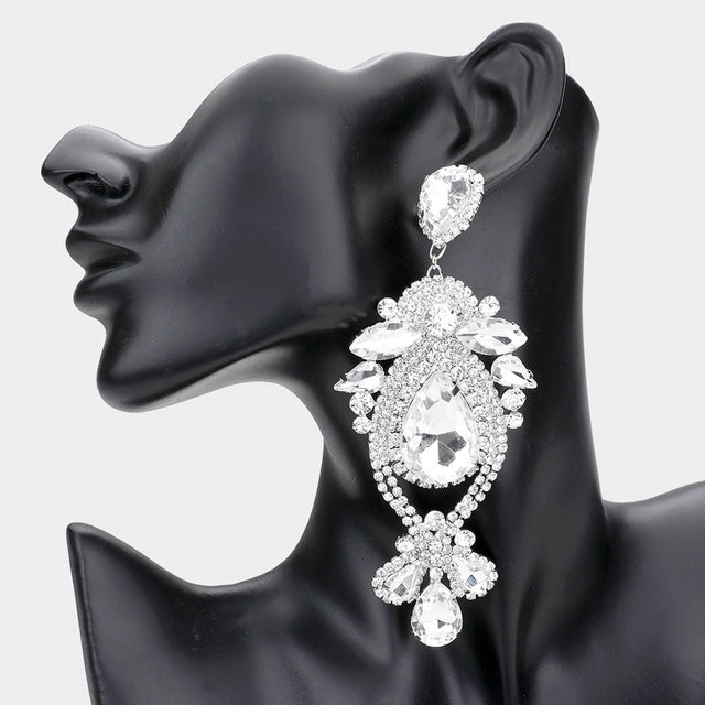 Madeline Love Silver Oversized Glass Crystal Stone Pave Crystal Rhinestone Evening Earrings