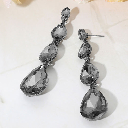 Teardrop Stone Link Dangle Evening Earrings - Black, Black Diamond