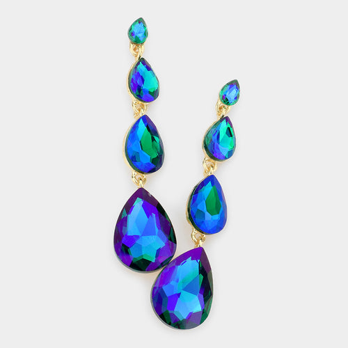 Teardrop Stone Link Dangle Evening Earrings - Green