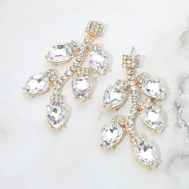 Madeline Love Clear, Gold Crystal Branch Drop Evening Statement Earrings