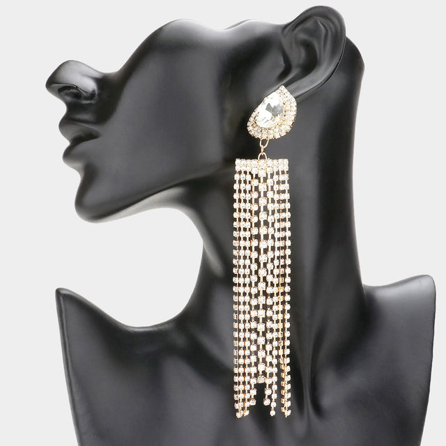 Madeline Love Gold Teardrop Accented Rhinestone Fringe Dangle Evening Earrings