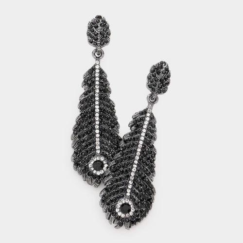 Rhinestone Embellished Feather Dangle Evening Earrings - Gun Metal, Jet Black