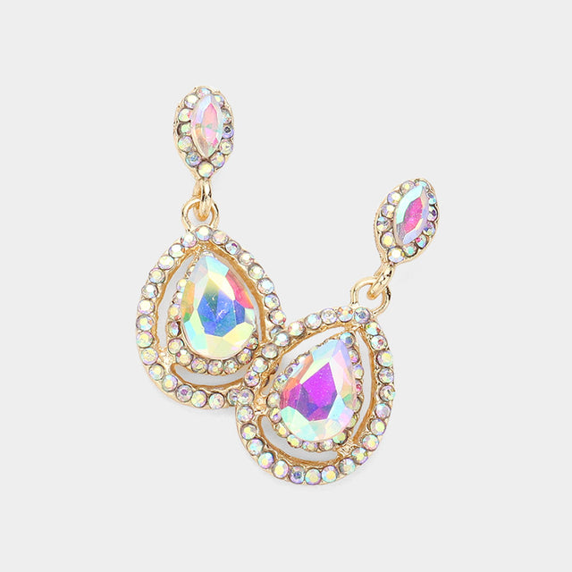 Madeline Love AB, Gold Crystal Rhinestone Pave Trim Teardrop Evening Earrings