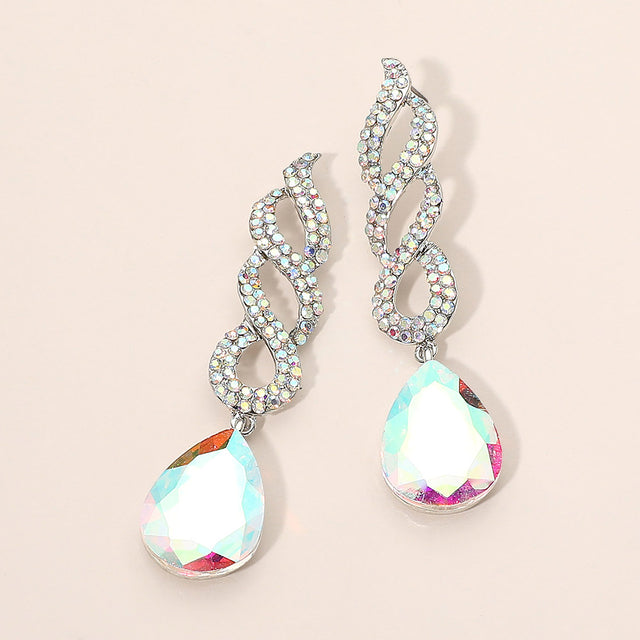 Madeline Love AB, Rhodium Teardrop Rhinestone Pave Drop Evening Earrings