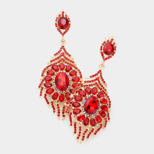 Oval Crystal Rhinestone Flame Evening Earrings - Siam