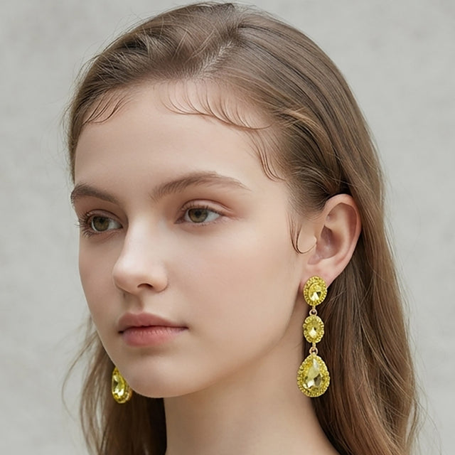 Madeline Love Gold, Yellow Oval Teardrop Stone Cluster Link Dropdown Evening Earrings