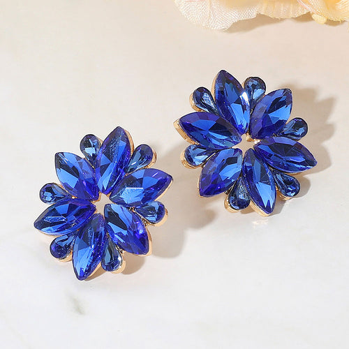 Marquise Stone Cluster Flower Evening Earrings - Gold, Sapphire