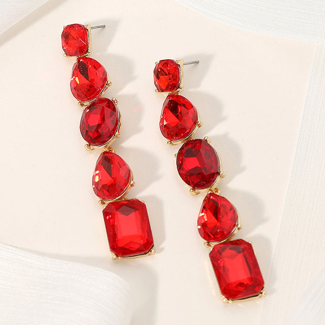 Madeline Love Gold, Siam Faceted Teardrop Oval Rectangle Stone Cluster Link Dropdown Evening Earrings