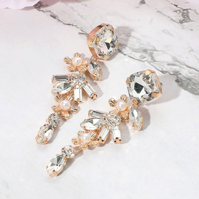 Madeline Love Clear, Gold Pearl Accented Flower Stone Cluster Drop Evening Earrings