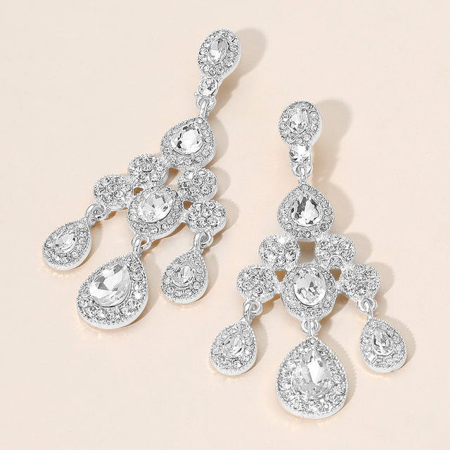 Madeline Love Clear, Silver Teardrop Stone Cluster Chandelier Drop Evening Earrings