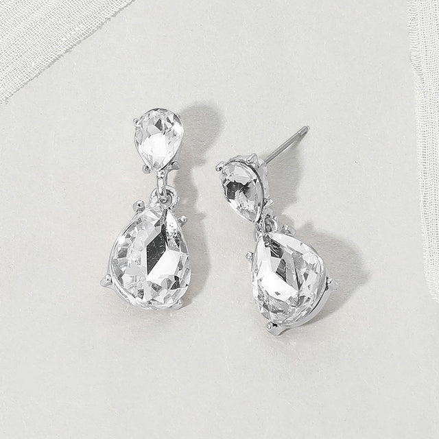 Madeline Love Clear, Silver Teardrop Stone Cluster Drop Evening Earrings