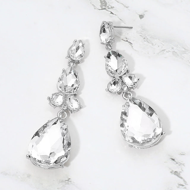 Madeline Love Clear, Silver Teardrop Cluster Drop Evening Earrings