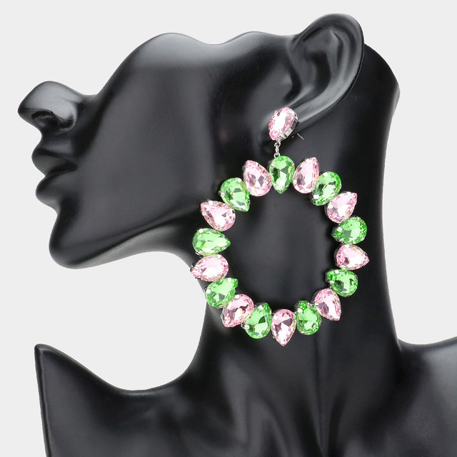 Madeline Love Pink&Green, Rhodium Teardrop Glass Crystal Open Circle Evening Earrings