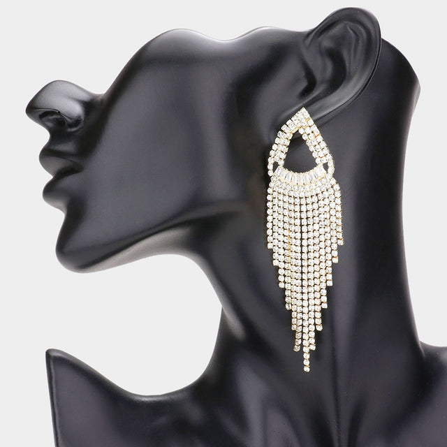 Madeline Love Gold Open Teardrop Accented Rhinestone Fringe Dangle Evening Earrings