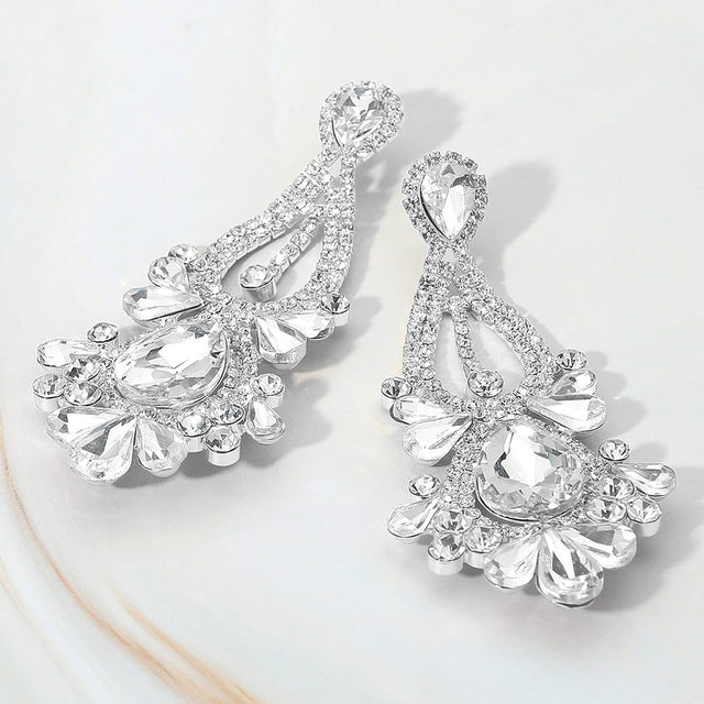 Madeline Love Clear, Silver Teardrop Stone Cluster Statement Evening Earrings