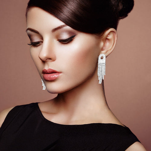 Stone Embellished Rhinestone Drop Fringe Evening Earrings - Rhodium
